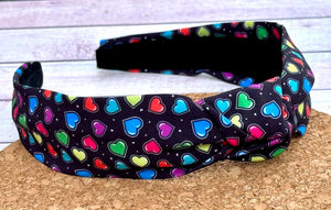 Neon Hearts on Black Hard Knot Headband