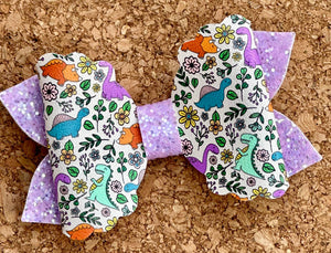 Purple Dinos Glitter Leatherette Bow