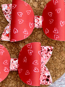 Red Hearts Glitter Layered Leatherette Piggies Bow