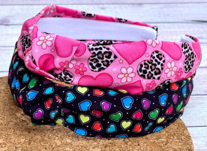 Neon Hearts on Black Hard Knot Headband