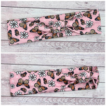 Load image into Gallery viewer, Pink Monarch Butterflies and Daisies Mama Skinny Knot Headband
