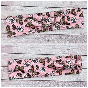 Pink Monarch Butterflies and Daisies Mama Skinny Knot Headband