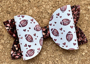 Football Hearts Glitter Leatherette Bow