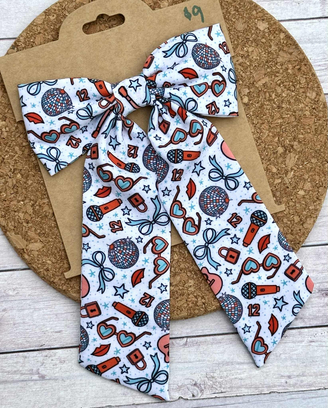 SHOW GIRL White Long Tails Fabric Bow