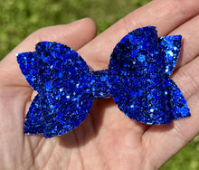 Load image into Gallery viewer, Royal Blue Glitter Layered Leatherette Piggies Bow
