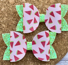 Load image into Gallery viewer, Watermelon Glitter Layered Leatherette Piggies Bow
