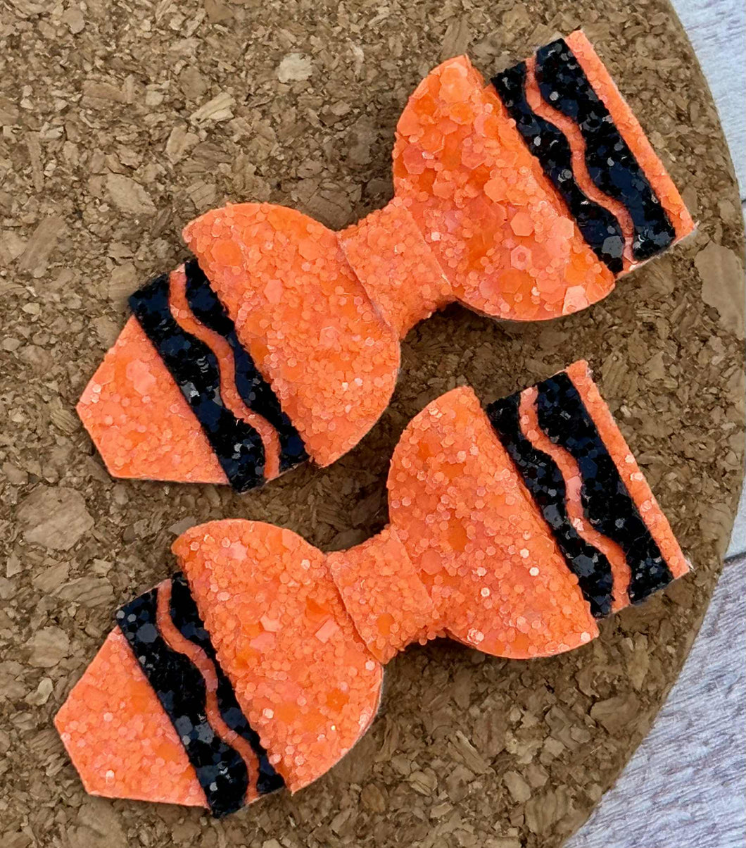 Neon Orange Crayon Glitter Piggies Layered Leatherette Bow