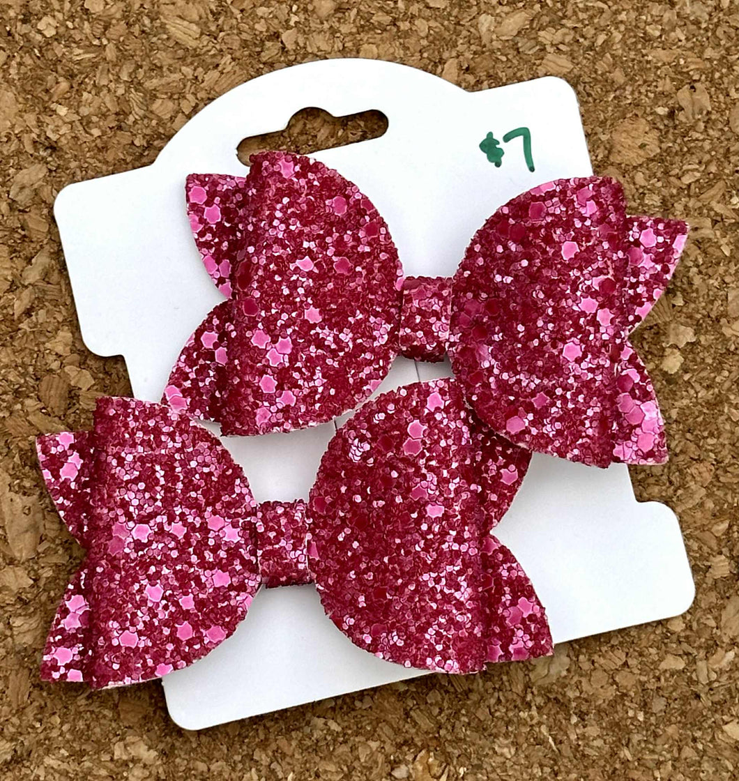 Magenta Glitter Layered Leatherette Piggies Bow