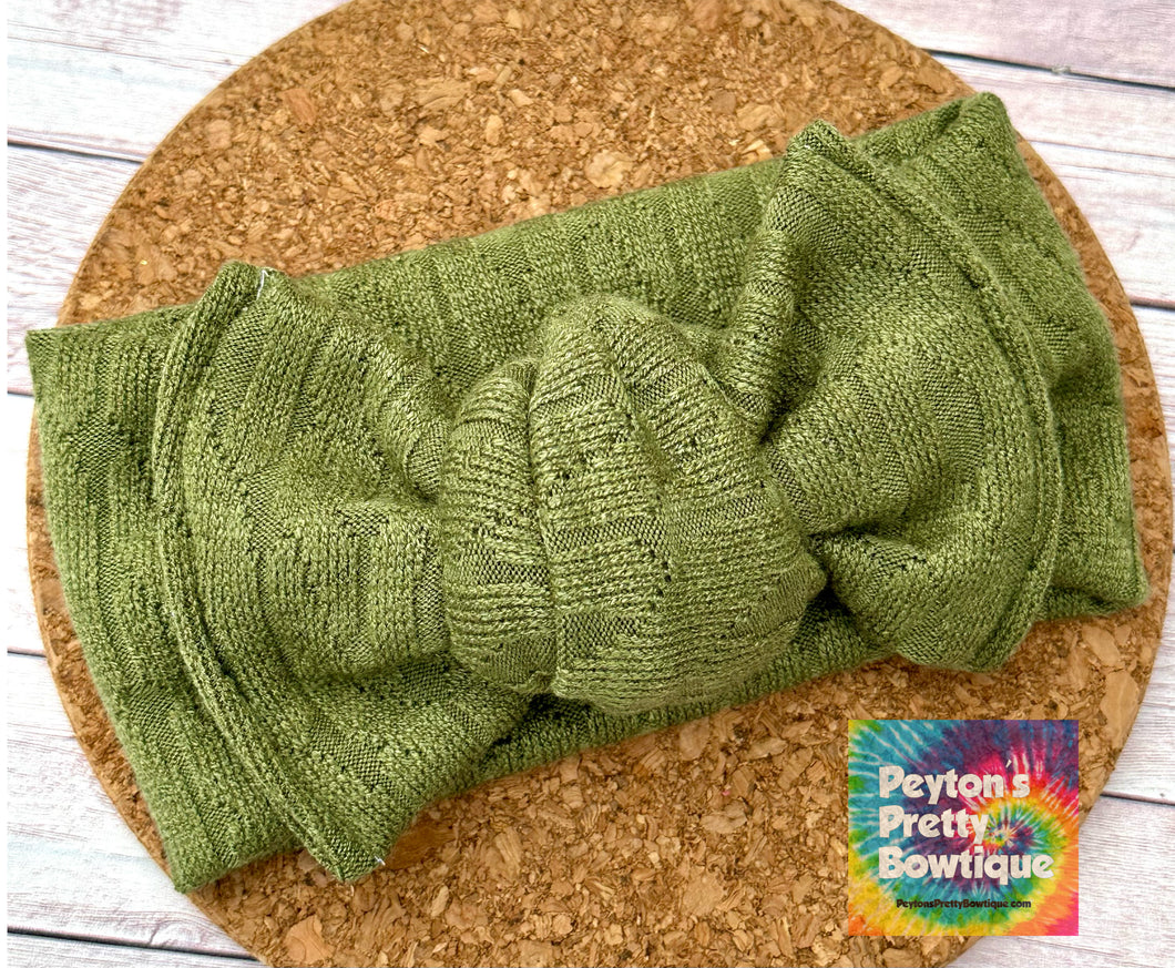 Olive Green Cable Knit Sweater Baby Knotted Bow Headwrap