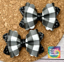 Load image into Gallery viewer, Black &amp; White Plaid Butter Layered Leatherette Piggies Bow

