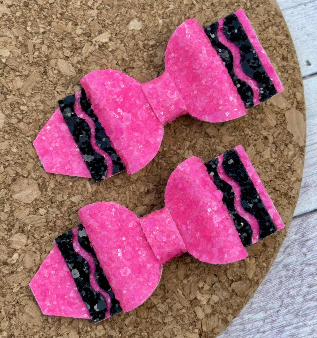 Bright Pink Crayon Glitter Piggies Layered Leatherette Bow