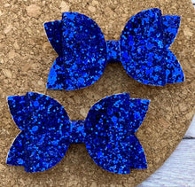 Load image into Gallery viewer, Royal Blue Glitter Layered Leatherette Piggies Bow
