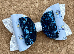 Blue Dog Daisies Glitter Layered Leatherette Bow