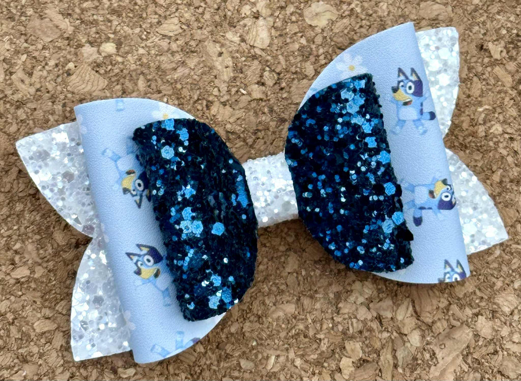 Blue Dog Daisies Glitter Layered Leatherette Bow