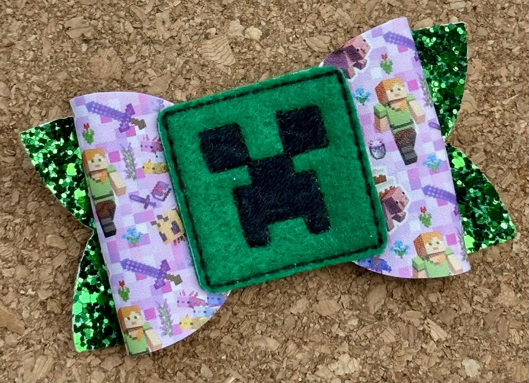 Green Block Feltie Glitter Layered Leatherette Bow