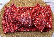 Load image into Gallery viewer, Red Faux Glitter Infant Knotted Bow Headwrap
