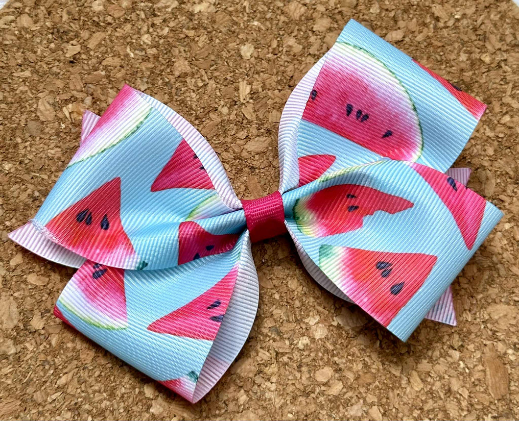 Watermelon On Blue Pattern Bow