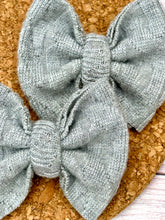 Load image into Gallery viewer, Light Grey Cable Knit Sweater Piggies Fabric Bows
