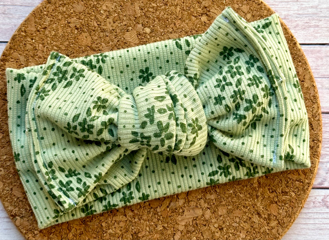 Green Flowers Rib Knit Infant Knotted Bow Headwrap