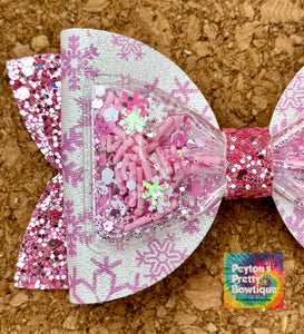 Pink Snowflakes Shaker Chunky Glitter Layered Leatherette Bow