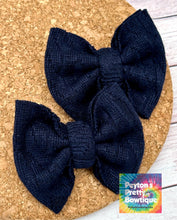 Load image into Gallery viewer, Navy Cable Knit Sweater Piggies Fabric Bows
