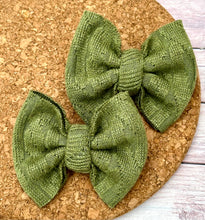 Load image into Gallery viewer, Olive Green Cable Knit Sweater Piggies Fabric Bows
