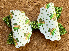 Load image into Gallery viewer, Olive Rainbow Shamrocks Glitter Leatherette Bow
