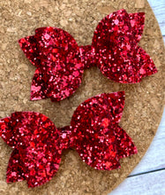 Load image into Gallery viewer, Red Glitter Layered Leatherette Piggies Bows
