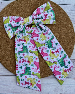 Pink & Green Dinos Long Tails Fabric Bow