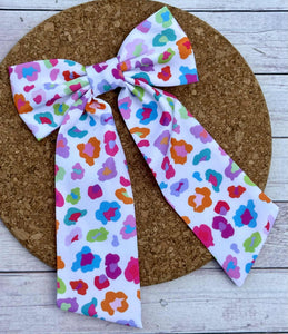Bright Cheetah White Long Tails Fabric Bow