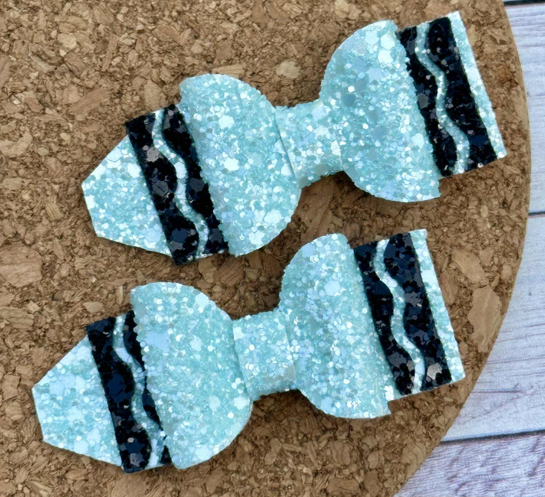 Pearl Light Blue Crayon Glitter Piggies Layered Leatherette Bow