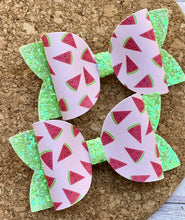Load image into Gallery viewer, Watermelon Glitter Layered Leatherette Piggies Bow
