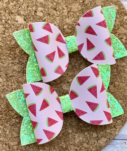 Watermelon Glitter Layered Leatherette Piggies Bow
