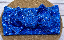 Load image into Gallery viewer, Blue Faux Glitter Infant Knotted Bow Headwrap
