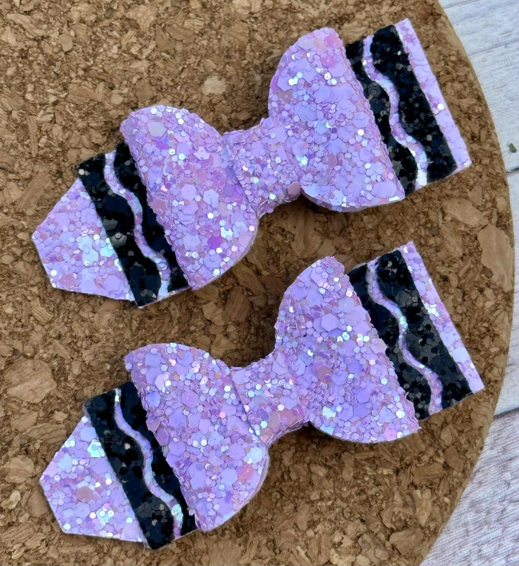 Light Purple Crayon Glitter Piggies Layered Leatherette Bow