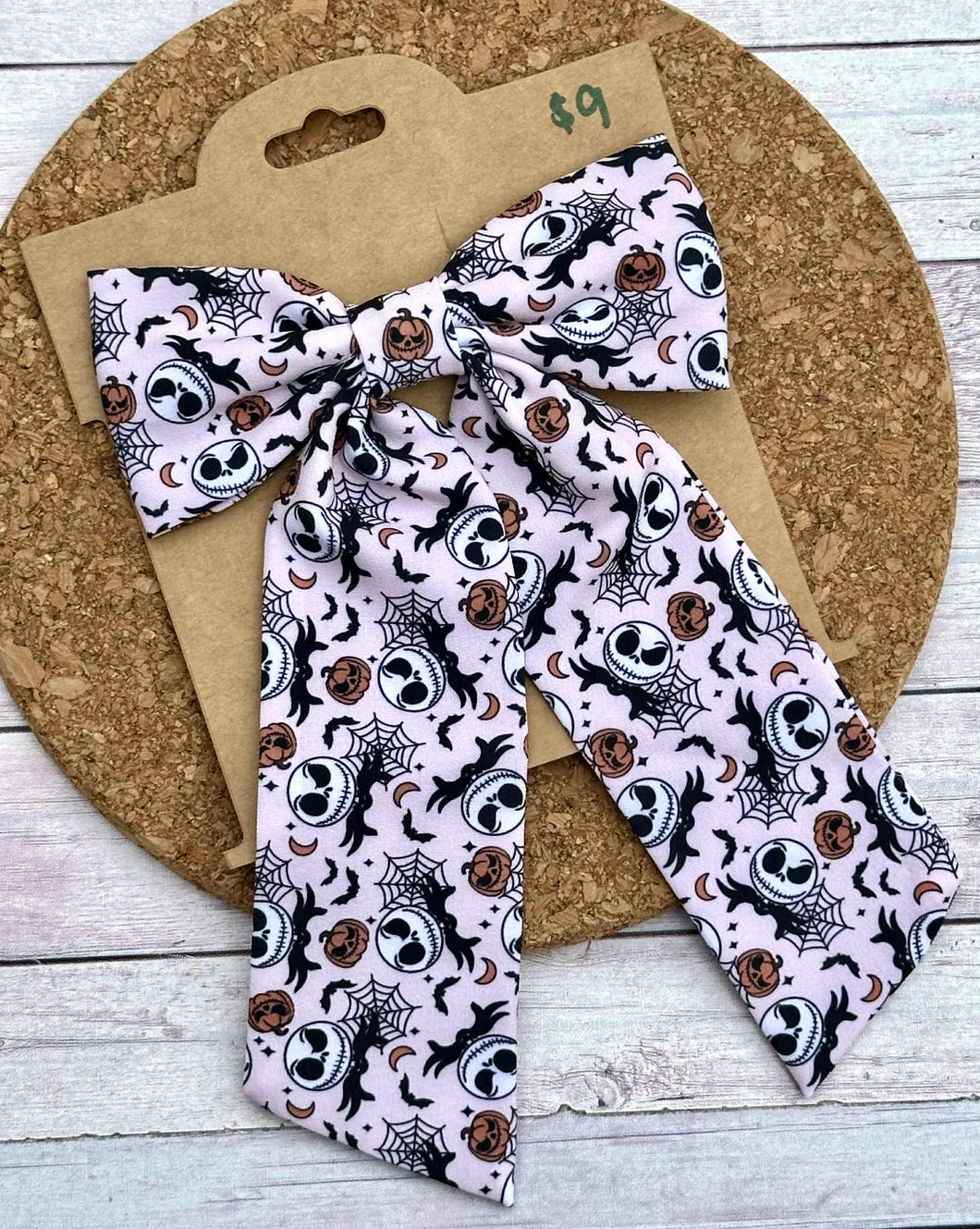 Pumpkin King on Pink Long Tails Fabric Bow