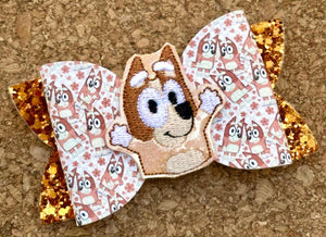 Orange Dog Feltie Glitter Layered Leatherette Bow