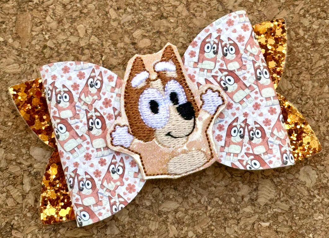 Orange Dog Feltie Glitter Layered Leatherette Bow