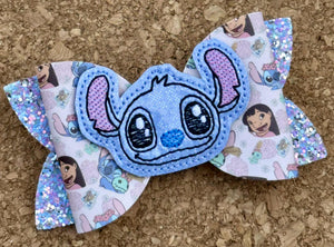 Blue Alien & Friends Feltie Glitter Layered Leatherette Bow