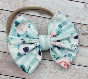 Mint Flowers Fabric Bow