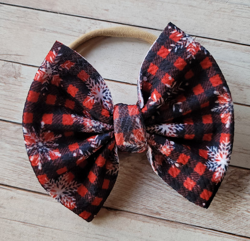 Red and Black Plaid Snowflakes Fabric Bow