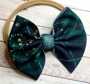 St. Paddy's Green And Black Plaid Fabric Bow