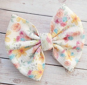 Off White Flowers Fabric Bow