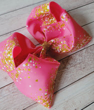 Load image into Gallery viewer, Pink and Gold Glitter Hearts JUMBO bow
