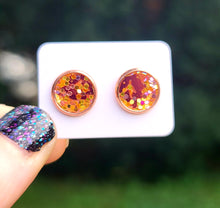 Load image into Gallery viewer, Golden Leaves Glitter Vegan Leather Medium Earring Studs

