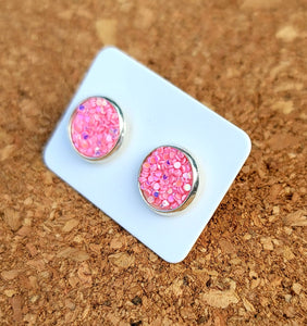 Pop Pink Glitter Vegan Leather Medium Earring Studs