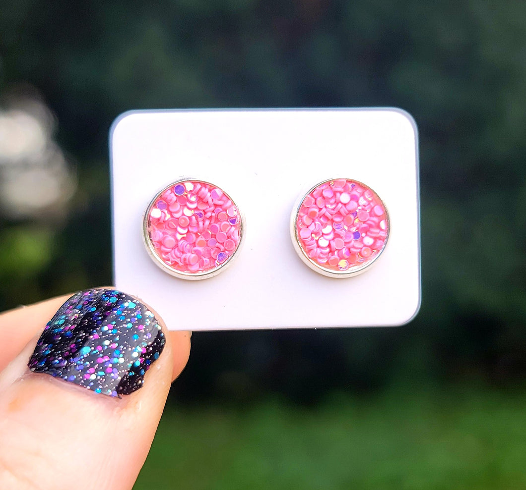 Pop Pink Glitter Vegan Leather Medium Earring Studs
