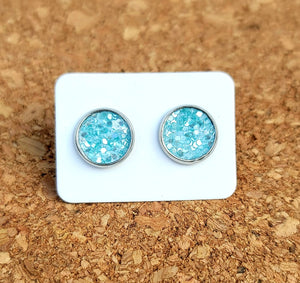 Ice Blue Glitter Vegan Leather Medium Earring Studs