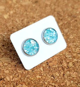 Ice Blue Glitter Vegan Leather Medium Earring Studs