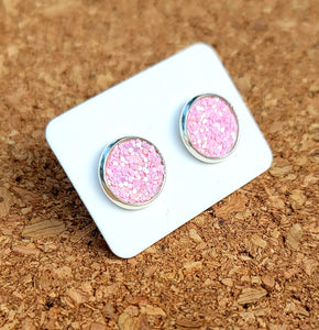Baby Pink Glitter Vegan Leather Medium Earring Studs